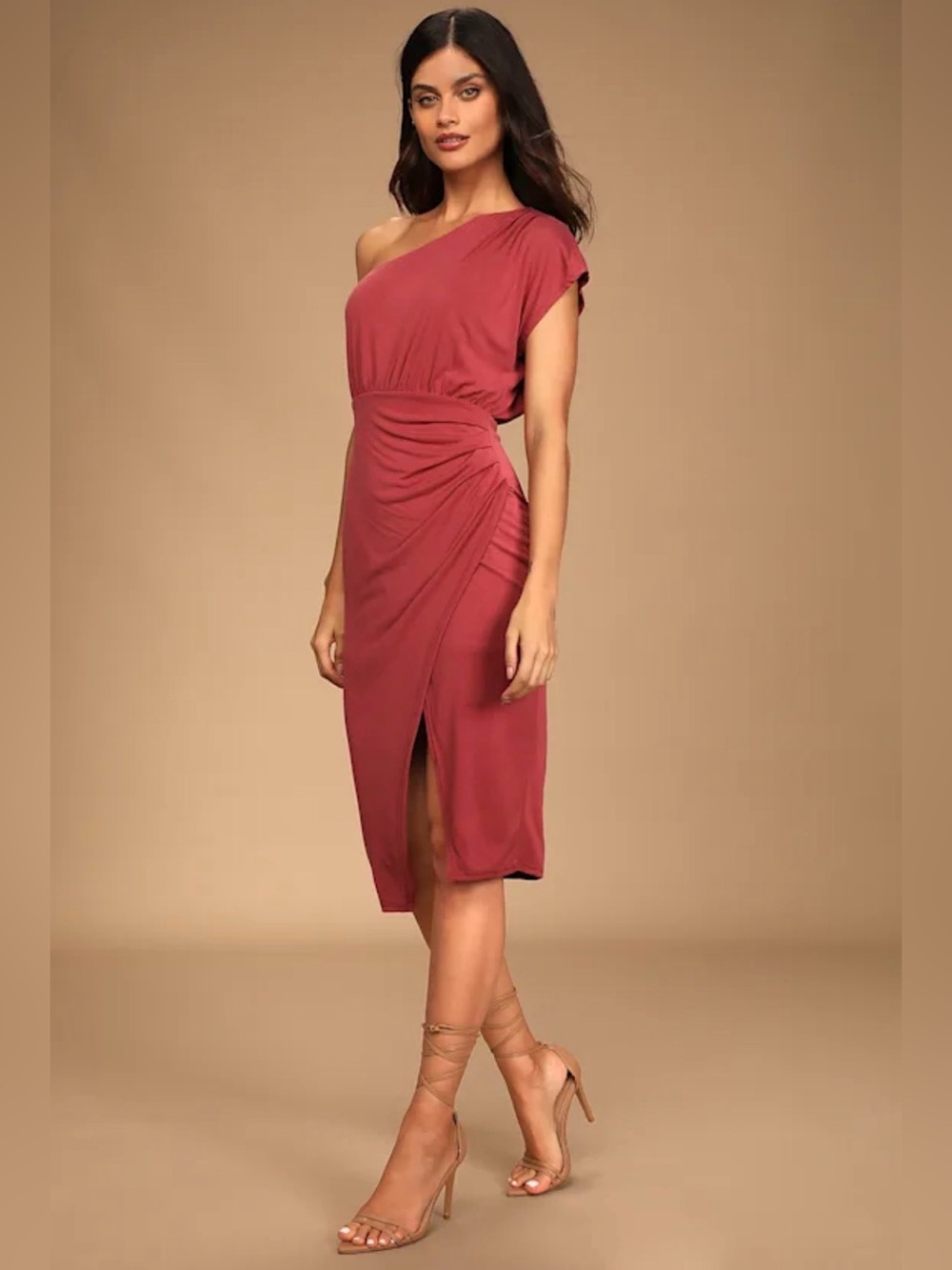 NWT Lulus One Shoulder Draped Midi Raise a Glass Dress Rusty Rose Size MEDIUM